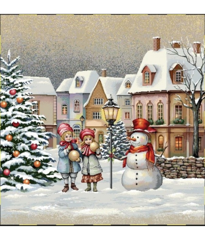 Carre- Enfant place de Noël et bonhomme de neige Carre- Enfant place de Noël et bonhomme de neige