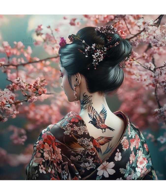 Carré  velours- japonaise tatoo oiseaux