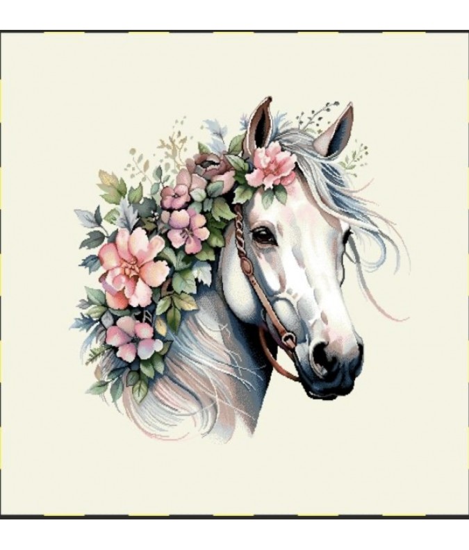 Carré - Cheval blanc et fleurs