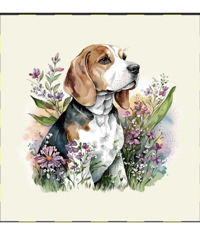 Carré - Beagle et fleurs