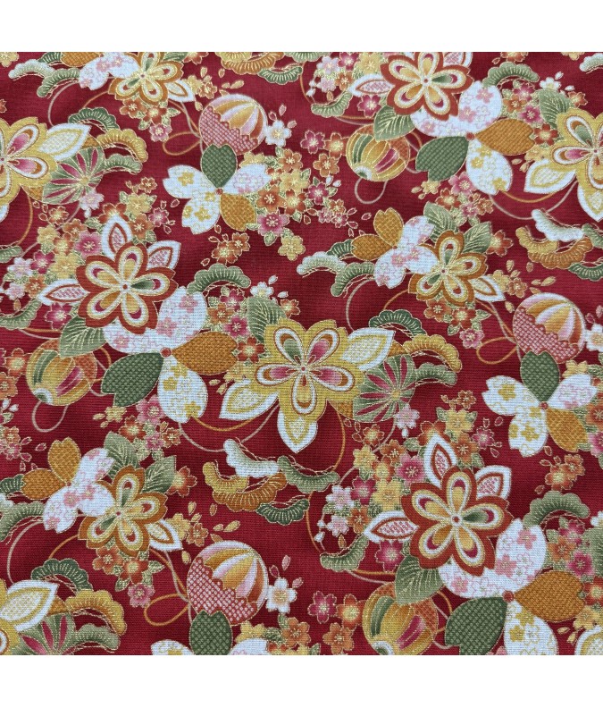 Coton 150 - Japonais grosses fleurs fond rouge