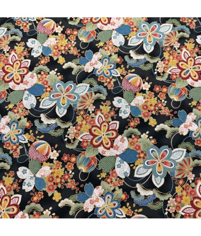 Coton 150 - Japonais grosses fleurs fond noir