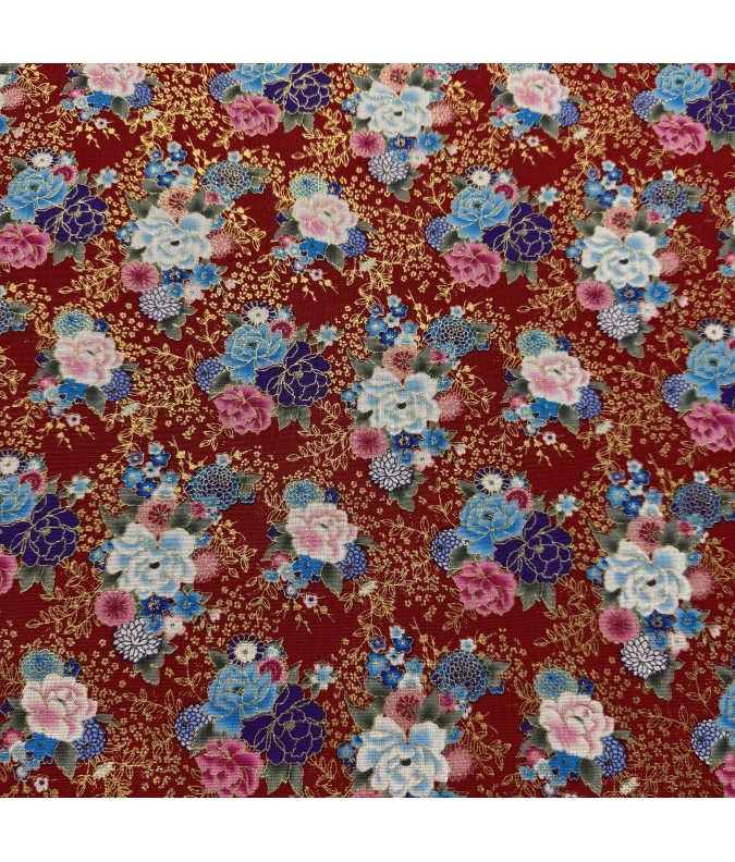 Coton 150 - Japonais fond rouge bouquets
