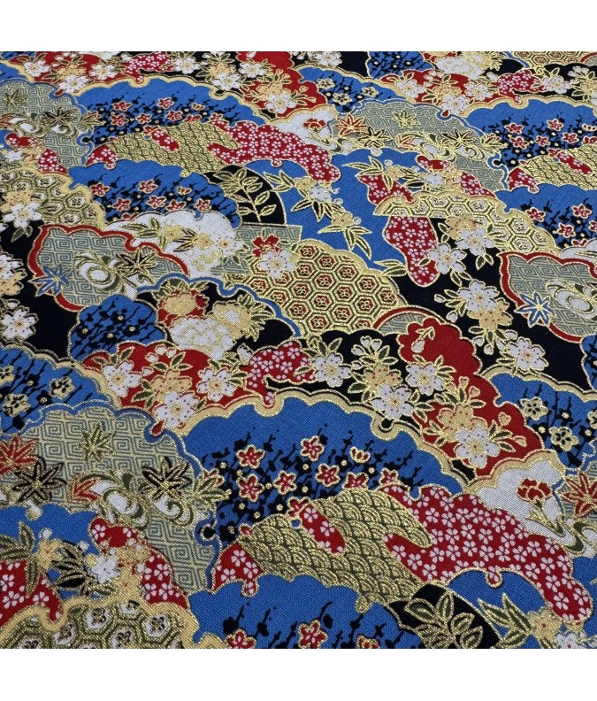 Coton 150 - Japonais végétaux fond bleu