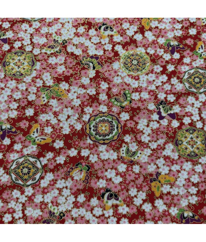 Coton 150 - Japonais fleurs et papillons fond rouge