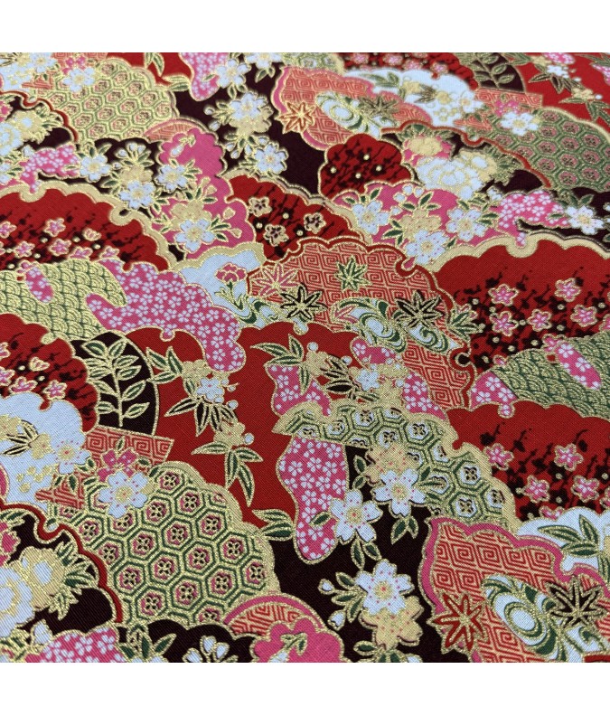 Coton 150 - Japonais végétaux fond rouge