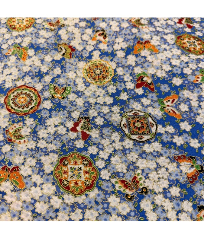 Coton 150 - Japonais fleurs et papillons fond bleu