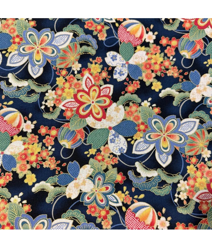 Coton 150 - Japonais grosses fleurs fond bleu